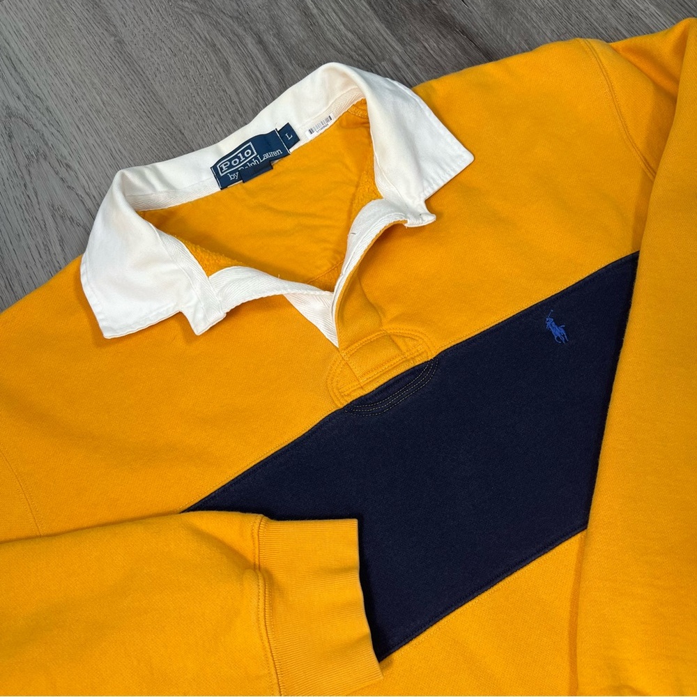Polo Ralph Lauren Mens Yellow Blue Two Tone Rugby Shirt Heavyweight Cotton L